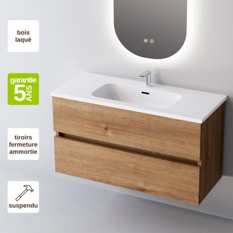 Meuble de salle de bain plan vasque Céramique, 2 Tiroirs,l100xh54xp45, Chêne Naturel, ANCONA