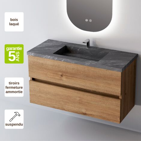 Meuble double vasque en grès cérame noir – 2 tiroirs – Dimensions L60 x H54 x P45 cm – Chêne naturel – Aggloméré hydrofuge 19mm - l60xh54xp45