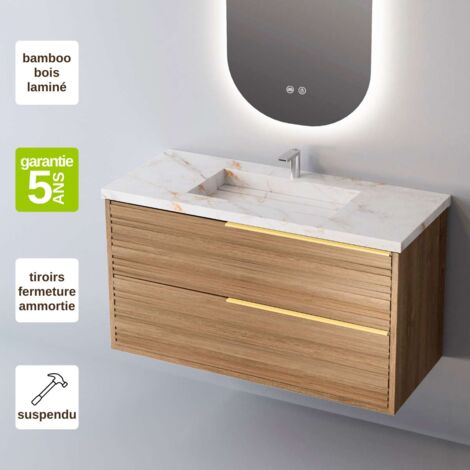 Meuble de salle de bain plan vasque Grès Cérame Blanc Storm, 2 Tiroirs,l100xh54xp45, Chêne Naturel Poigné Or, BAMBOO