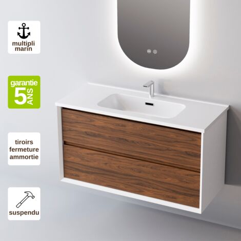 Meuble de salle de bain plan vasque Céramique, 2 Tiroirs,l100xh54xp45, Laqué Blanc Mat/Blanc, COOL (1/5)