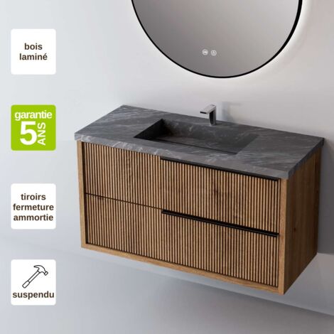 Meuble de salle de bain plan vasque Grès Cérame Noir Allure, 2 Tiroirs Chêne Foncé, Poignée Noir, l60xh54xp45, Effet 3D, TREND