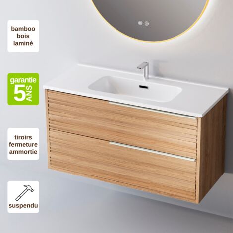 Meuble de salle de bain plan vasque Céramique, 2 Tiroirs,l80xh54xp45, Chêne Naturel Poigné Inox, BAMBOO