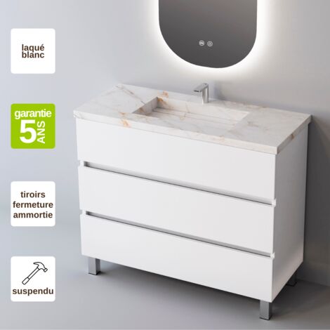 Meuble de salle de bain plan vasque Grès Cérame Blanc Storm, 3 Tiroirs,l60xh90xp45, Laqué Blanc Brillant, ATRANI