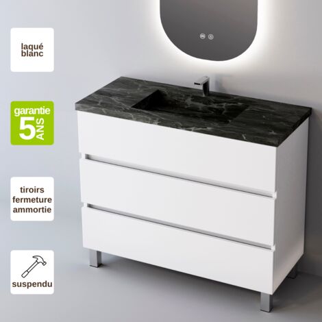 Meuble de salle de bain plan vasque Grès Cérame Noir Allure, 3 Tiroirs,l60xh90xp45, Laqué Blanc Brillant, ATRANI