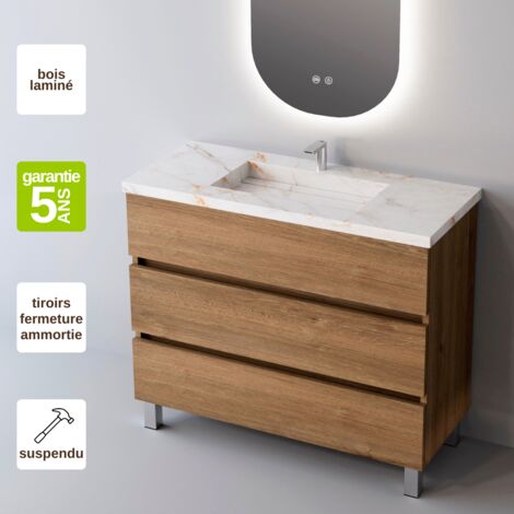 Meuble de salle de bain plan vasque Grès Cérame Noir Allure, 3 Tiroirs,l60xh90xp45, Chêne Naturel, ATRANI
