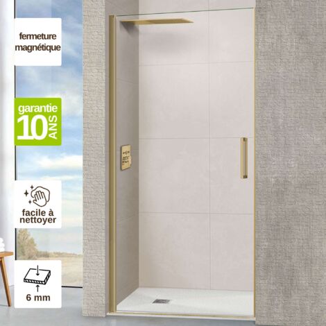 Porte de douche pivotante droite - Paroi de douche L.80 x H195 cm - Verre trempé 6mm transparent anti calcaire - Or Brossé - SUPERBAN (1/5)