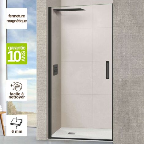 Porte de douche pivotante gauche - Paroi de douche L.70 x H195 cm - Verre trempé 6mm transparent anti calcaire - Noir Mat - SUPERBAN (1/5)