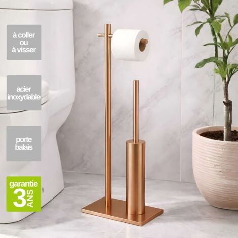Porte papier toilette avec Porte-balai WC intégré - acier inoxydable S.304 cuivré brossé - Fixation Collée ou Vissée (1/3)