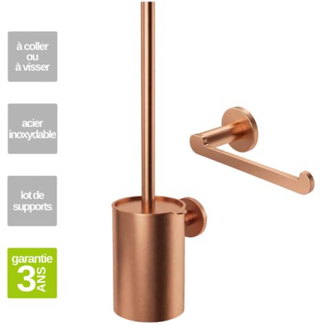 Porte-balai WC et Porte papier toilette - acier inoxydable S.304 cuivré brossé - Fixation Collée ou Vissée (1/5)