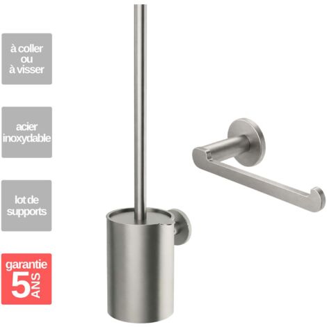 Porte papier toilette et Porte-balai WC - acier inoxydable S.316 - Fixation Collée ou Vissée