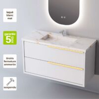 Meuble de salle de bain plan vasque Grès Cérame Blanc Storm, 2 Tiroirs Poignée Or, l60xh54xp45, Laqué Blanc Mat, LIKE