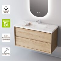 Meuble de salle de bain plan vasque Grès Cérame Blanc Storm, 2 Tiroirs,l100xh54xp45, Chêne Naturel, COOL