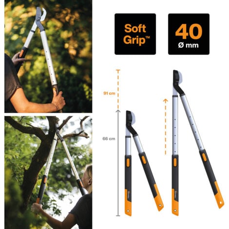 Fiskars Coupe-branche télescopique à lames franches SmartFit pour bois vert, Revêtement antiadhésif de la lame, Diamètre de coupe: 5 cm, Acier trempé, Longueur du manche: 66-90 cm, Noir/Orange, L86, 1