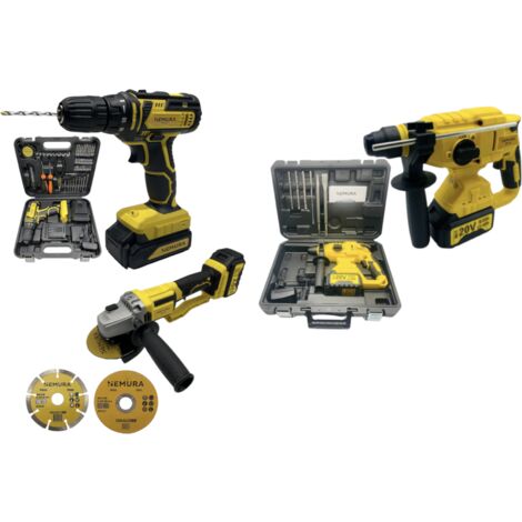 Pack 3 outils 20V - Perceuse, Perforateur, Meuleuse + 3 batteries + 2 mallettes de rangement + 2 Chargeurs (1/5)