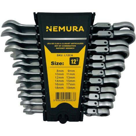 Nemura – Coffret de 12 clés cliquet articulées 8-19mm – Acier chrome vanadium – Tête pivotante 180° – 72 dents – Pour espaces confinés
