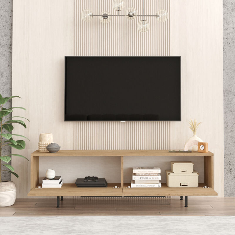 Meuble TV Design Support Télé Banc avec 2 Portes et 2 Étagères Panneau