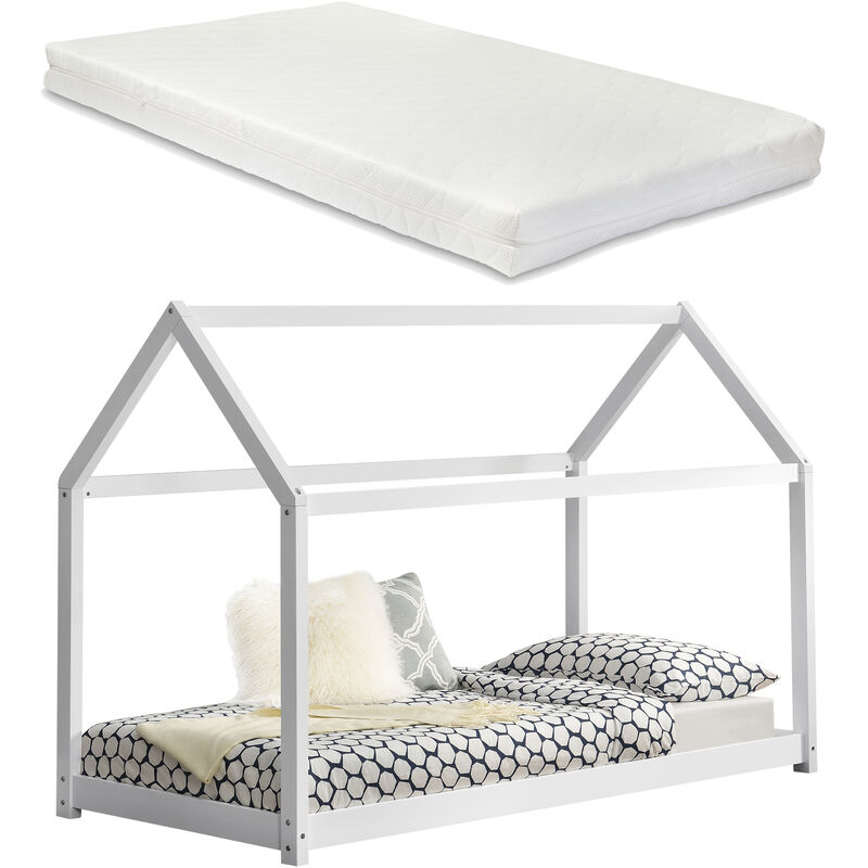 Lit Tipi Pour Enfants Avec Matelas Mousse à Froid Onejda Bois Naturel 200 x  90 cm [en.casa]