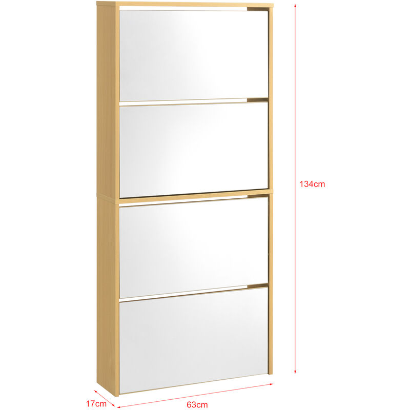 Armoire à chaussures Bright 4 portes Abattantes + 1 porte miroir Structure  chêne Blanc brillant