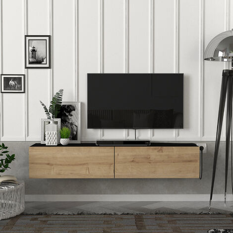 [En.Casa] – Meuble TV flottant noir effet chêne 135 x 31 x 25 cm – 2 compartiments de rangement – Montage mural simple – Capacité 28 kg (1/5)
