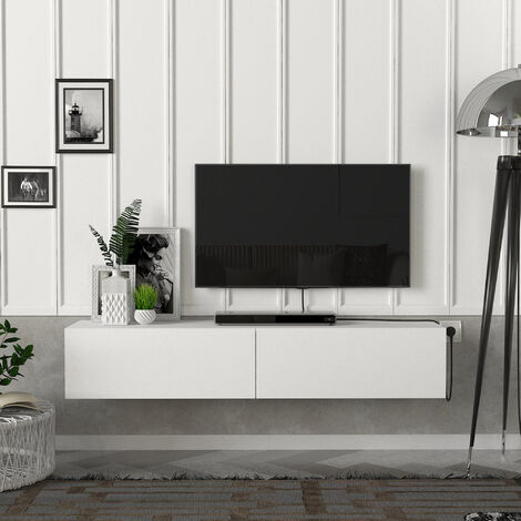 [En.Casa] – Meuble TV flottant blanc 135 x 31 x 25 cm – Panneau de particules 18 mm – Montage mural simple – Capacité de charge 28 kg (1/5)