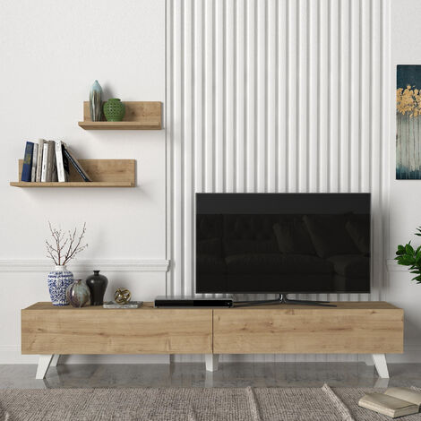 [En.Casa] – Ensemble meuble TV 180 x 31 x 33 cm – 2 étagères murales effet chêne – 2 compartiments fermés – Montage simple et rapide (1/5)