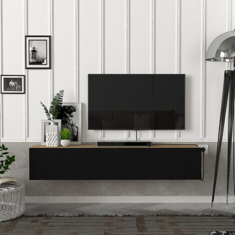 [En.Casa] – Meuble TV flottant 135 x 31 x 25 cm – Effet chêne et noir – Montage mural facile – Rangement organisé pour appareils multimédia (1/5)
