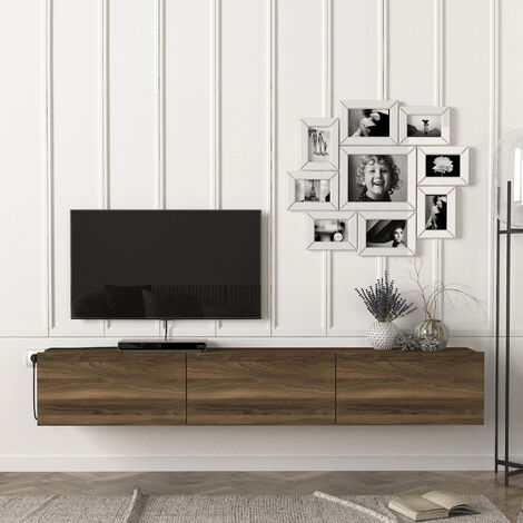 [En.Casa] – Meuble TV suspendu effet noyer 180 x 31 x 29,5 cm – 3 compartiments fermés – Capacité de charge 36 kg – Montage mural inclus (1/5)
