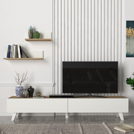 [En.Casa] – Ensemble meuble TV et 2 étagères – Dimensions 180 x 31 x 33 cm – Panneau de particules effet chêne blanc – Rangement optimisé (1/5)