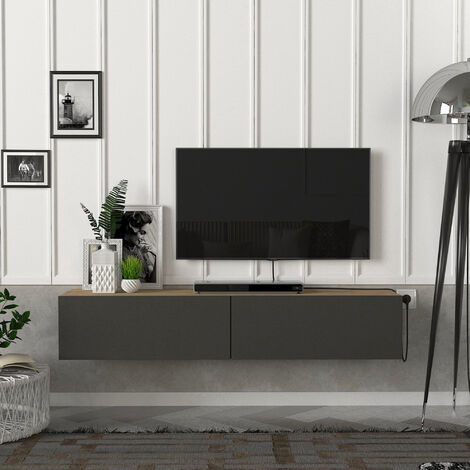 Meuble TV Toivakka 135 x 31 x 25 cm effet chêne et anthracite [en.casa] (1/5)