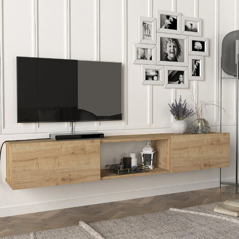 [En.Casa] – Meuble TV suspendu effet chêne – 180 x 31 x 29,5 cm – 3 compartiments dont 2 fermés – Montage rapide – Capacité de charge 36 kg (1/5)