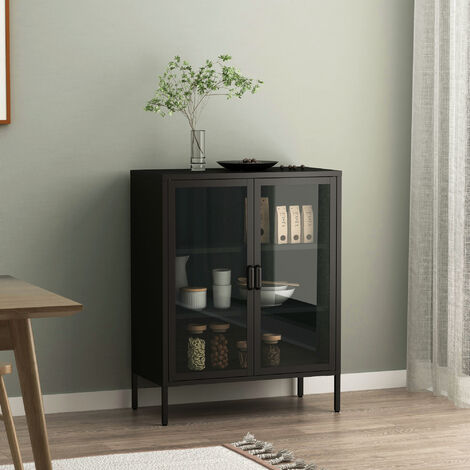 [En.Casa] – Buffet métallique avec portes vitrées – Acier noir – Verre trempé – Dimensions 102 x 80 x 40 cm – Rangement élégant pour salon ou bureau (1/5)