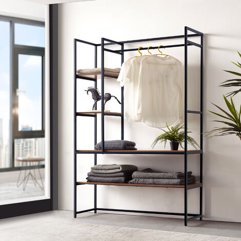 [En.Casa] – Portant à vêtements métal noir effet noyer 180 x 120 x 40 cm – Barre de penderie – 3 compartiments ouverts pour t-shirts – Montage rapide (1/5)
