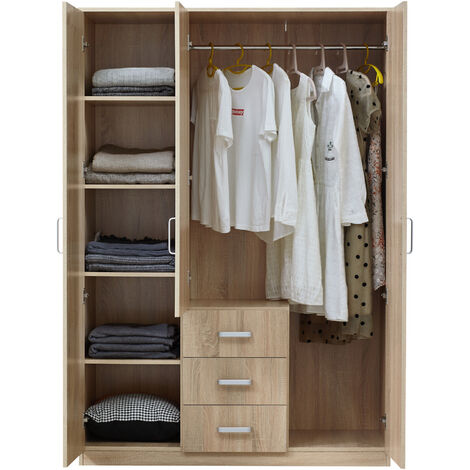 [En.Casa] – Armoire de chambre 3 portes MDF effet chêne sonoma – Dimensions 176 x 120 x 52 cm – 5 étagères et 3 tiroirs pour rangement optimal - MDF 176 X