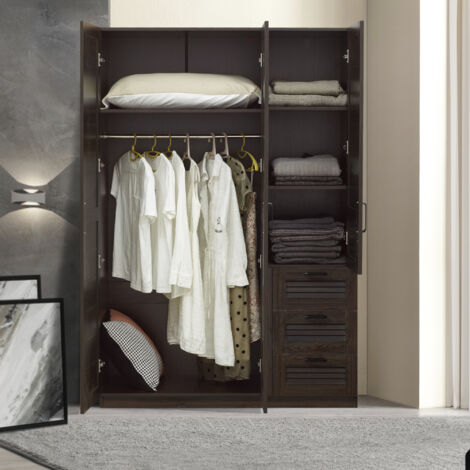 [En.Casa] – Armoire de chambre 3 portes MDF effet noyer foncé – 4 étagères et 3 tiroirs – Dimensions 176 x 120 x 52 cm – Design moderne et intemporel - MDF 176 X (1/5)