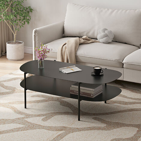 [En.Casa] – Table basse fixe en acier noir mat 112 x 62 x 41 cm – Plateau ovale avec étagère inférieure – Montage rapide et entretien facile (1/5)