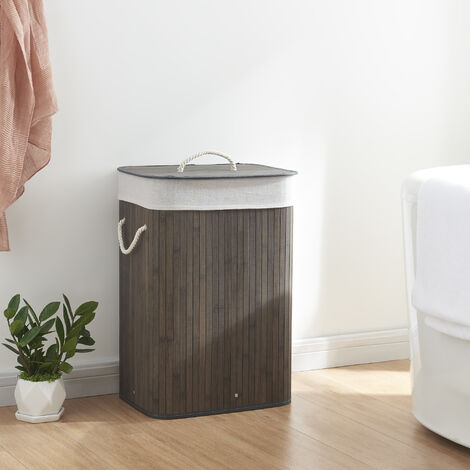 Panier à Linge Bambou Relaxdays - 2 Compartiments, 95L, Couvercle | Corbeille Linge Sale Déco Pour Salle De Bain