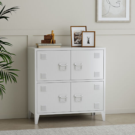 [En.Casa] – Armoire de bureau métallique 4 portes acier 82 x 80 x 40 cm blanc – Fentes d'aération – 2 étagères spacieuses pour rangement (1/4)