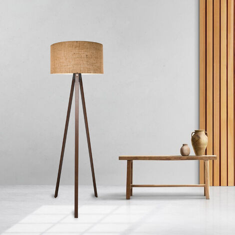 Lampadaire salon E27 140 cm – Structure en MDF effet bois marron – Abat-jour en tissu 21x38 cm – Tension 230V, interrupteur à cordon – Lux.Pro