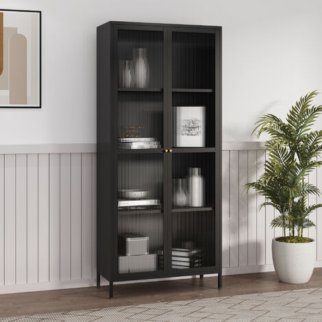 [En.Casa] – Armoire vitrée Säkylä 180 x 80 x 35 cm – Structure acier noir – Portes en verre ondulé – Rangement élégant pour salon (1/5)