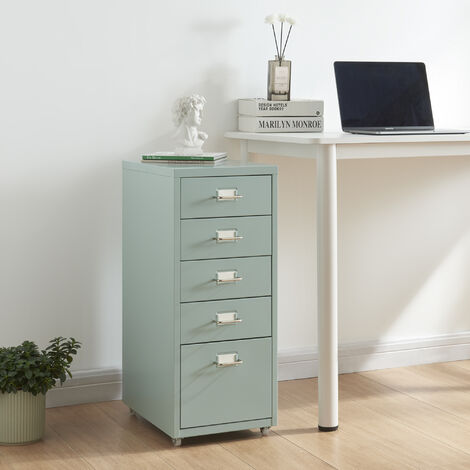 [En.Casa] – Caisson de bureau à roulettes 5 tiroirs 69 x 28 x 41 cm – Acier vert menthe – Porte-étiquettes – Idéal pour documents et fournitures