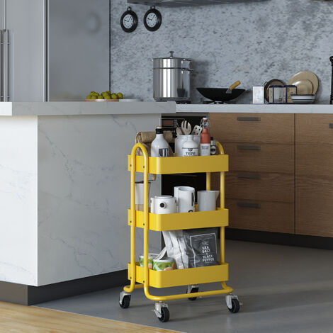 Chariot de service Pyhäntä à roues 3 paniers acier 78,5 x 46 x 35 cm jaune [en.casa] (1/5)