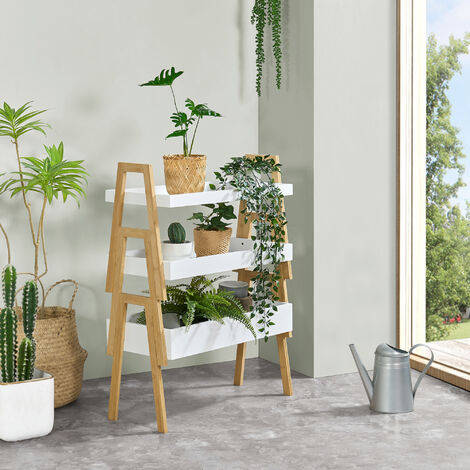 [En.Casa] – Lot de 3 étagères empilables en bambou 85 x 65 x 30 cm – Design naturel blanc – Capacité de charge 5 kg par tablette (1/5)