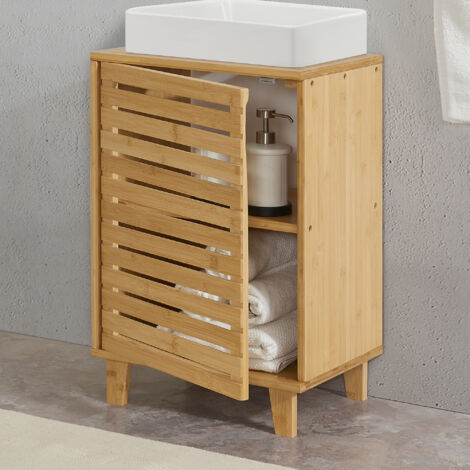 [En.Casa] – Meuble bas de salle de bain sous lavabo en bambou 60 x 40 x 30 cm – 2 étagères – Montage facile – Design naturel