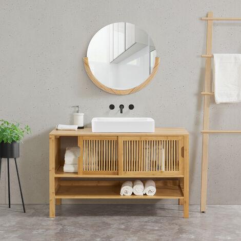 [En.Casa] – Meuble sous lavabo 60 x 100 x 45 cm en bambou naturel – Deux portes coulissantes – Espace de rangement sur deux niveaux