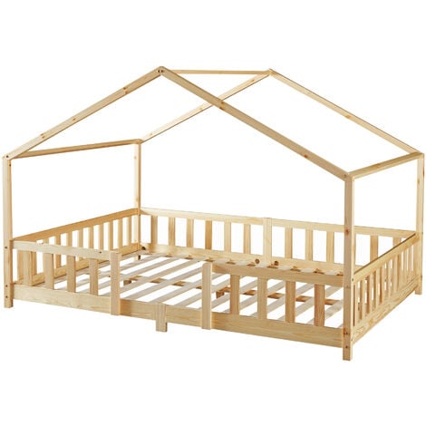Lit d'Enfant Forme Maison avec Grille de Protection Treviolo  200 x 140 cm Naturel [en.casa]