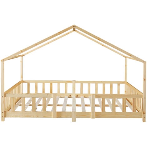 Lit d'Enfant Forme Maison avec Grille de Protection Treviolo  200 x 140 cm Naturel [en.casa]