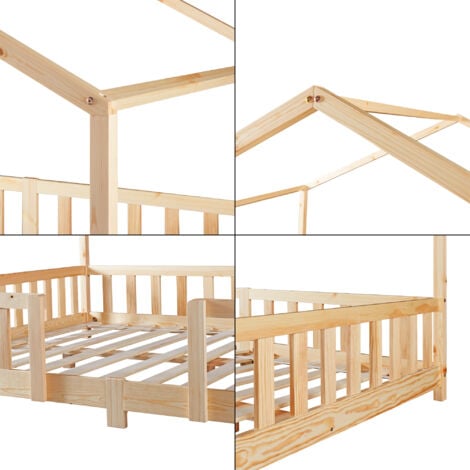 Lit d'Enfant Forme Maison avec Grille de Protection Treviolo  200 x 140 cm Naturel [en.casa]