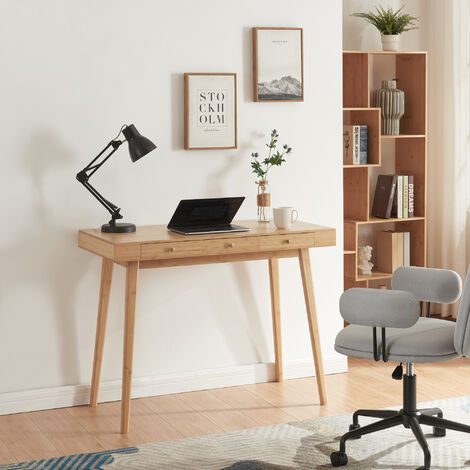 [En.Casa] – Bureau droit en bambou naturel 100 x 50 x 75 cm – 3 tiroirs – Design élégant pour espace de travail – Montage facile