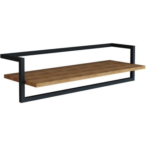 Portemanteau mural Evje avec barre de penderie et étagère panneau de particules acier 80 x 30 x 20 cm effet bois noir [en.casa]