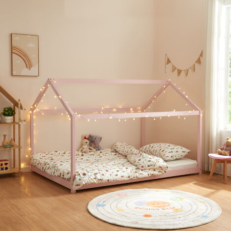Lit cabane lit enfant 90x200cm en bois massif avec protection antichute